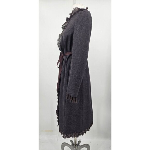 Rebecca Taylor Wool Duster Coat Womens 4 Long Brown Jacket Lace Tie Front - Picture 3 of 10